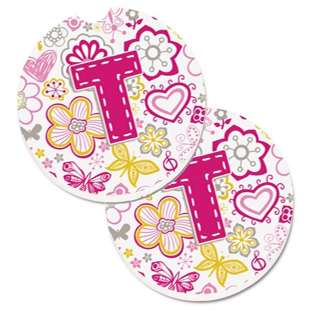 Carolines Treasures Letter T Flowers and Butterflies Pink Set of 2 Cup Holder Car Coaster CJ2005-TCARC
